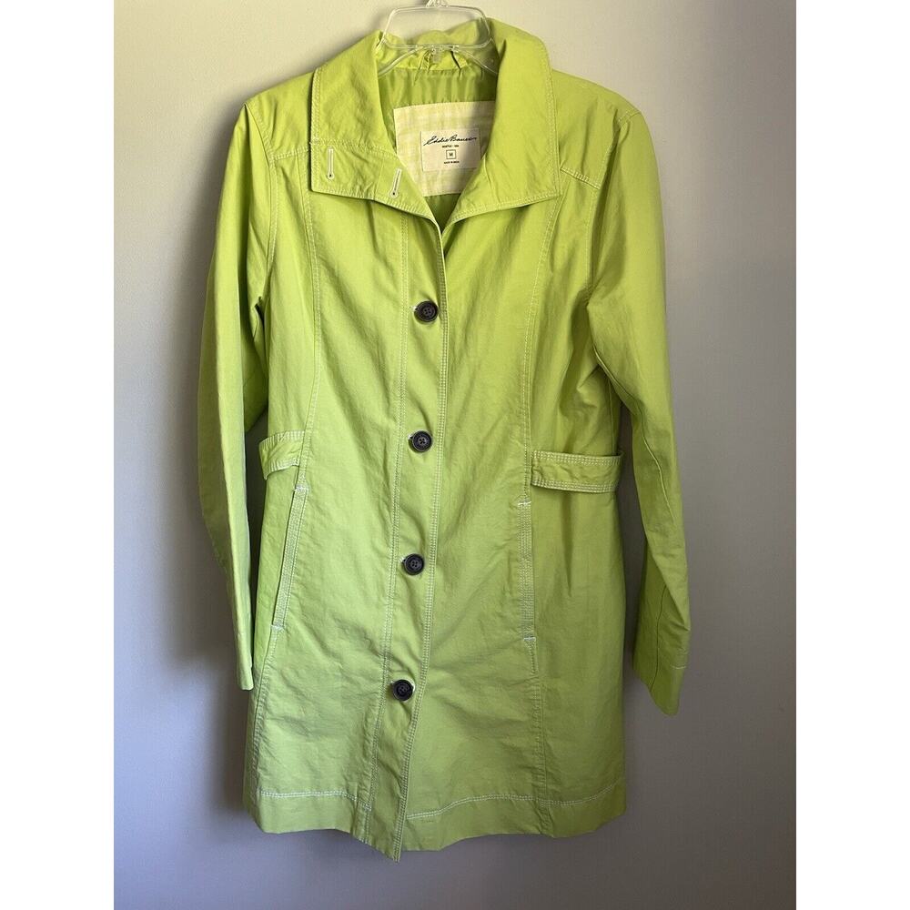 Eddie Bauer Trench Coat Jacket Womens Size Medium Green Button Down Mid Length